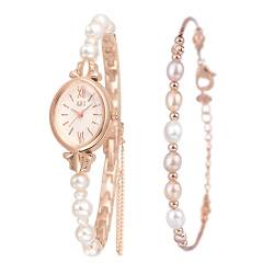 Clastyle Perlenuhren und Armband Set für Damen Rosegoldenes Damenuhren Ovales Zifferblatt Armbanduhren mit Perlenarmband Uhr Set Geschenk von Clastyle