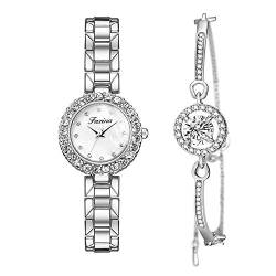 Clastyle Uhr mit Armband Damen Set Silber Perlmutt Strass Armbanduhren für Damen Glänzender Edelstahlband Silber Damen Uhr Set Geschenk von Clastyle