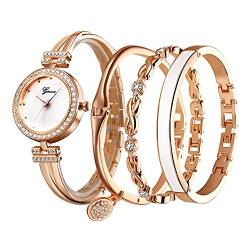 Clastyle Uhren Set Damen Elegant Strass Rosegold Armbanduhr mit 3 Armreifen Perlmutt Damenuhren mit Edelstahl Armband Uhr Set Geschenk von Clastyle