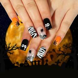 Clataly 24 Pcs Halloween gefälschte Nägel Spinnennetz Geister Mondkreuz Skelett Künstliche Nagelpresse auf Nägeln für Frauen Mädchen (A) von Clataly