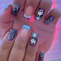 Clataly 24 Pcs Halloween gefälschte Nägel Spinnennetz Geister Mondkreuz Skelett Künstliche Nagelpresse auf Nägeln für Frauen Mädchen (B) von Clataly