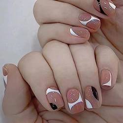 Clataly 24Pcs Kurze Rose Gradient Falsche Nägel Quadratischer glänzender Nageldruck Weiß Schwarz Acryl Nette Nägel Nude Rosa Falsche Nägel für Frauen Mädchen (F) von Clataly