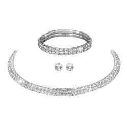 Clataly Braut Hochzeit Halskette Ohrringe Armband Set Silber Kristall Brautjungfern Schmuck Zubehör für Frauen Mädchen (Silber D) von Clataly