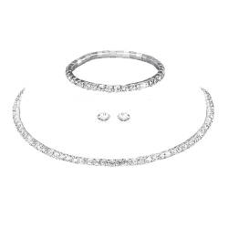 Clataly Braut Hochzeit Halskette Ohrringe Armband Set Silber Kristall Brautjungfern Schmuck Zubehör für Frauen Mädchen (Silber E) von Clataly
