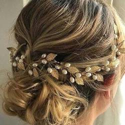 Clataly Bride Wedding Hairband Gold Climbing Plant Shape with Leaves Headband Bridal Pearl Hair Piece Accessories for Women and Girls von Clataly