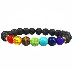 Clataly Bunte Energie Armband 8 mm Natürliche Vulkan Stein Tiger Eye Stein Blau Kiefer Stein Elastische Armbänder für Frauen und Männer (Vulkangestein) von Clataly