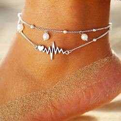 Clataly Doppelschicht Elektrokardiogramm Fußkettchen Armbänder Silber Herzschlag Perle Fußkettchen Einstellbare Fußkette Strand Sommer Schmuck für Frauen Mädchen von Clataly