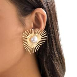 Clataly Fan-förmige Ohrringe Retro Herz-förmige Perlenohrringe Übertriebene Quaste Schmuck für Frauen und Mädchen (Gold) von Clataly