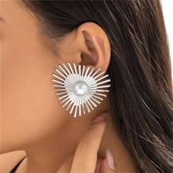 Clataly Fan-förmige Ohrringe Retro Herz-förmige Perlenohrringe Übertriebene Quaste Schmuck für Frauen und Mädchen (Silber) von Clataly