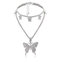 Clataly Kristall Schmetterling Anhänger Halsketten Sparkly Strass Schmetterling Layered Choker Halskette Einstellbarer Schmuck für Frauen und Mädchen (Silber) von Clataly