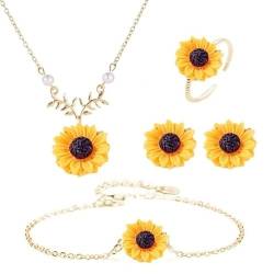 Clataly Sonnenblume Halskette Ohrringe Armband Set Boho Harz Blütenblatt Anhänger für Frauen Schmuck Zubehör (Gold) von Clataly