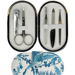 CLAUSS Maniküre Set 5-teilig plus Etui, mit Nagelschere, Feile, Pinzette, Nagelknipser und Nagelhautentferner, Carbonstahl, rostfreier Stahl, Dschungel, blau weiß, CL-96114 von Clauss