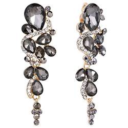 Clearine Damen Böhmisch Boho Kristall Hochzeit Braut Viele Tropfen Chandelier Screw Back Clip-On Dangle Ohrclip Ohrringe Grau Schwarz Gold-Ton von Clearine