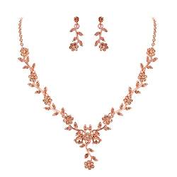 Clearine Damen Hochzeit Schmuck Set Blatt Cluster Blume Kristall Anhänger Halskette baumeln Ohrringe Set für Braut Braut Pfirsich Morganit Rosegold-Ton von Clearine