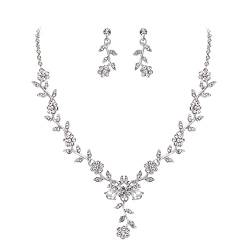 Clearine Damen Hochzeit Schmuck Set Blatt Cluster Blume Kristall Anhänger Halskette baumeln Ohrringe Set für Braut Braut klar Silber-Ton von Clearine