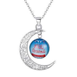 Clearine Halskette 925 Sterling Silber Halskette für Frauen "Frohe Weihnachten" Galaxy & Crescent Moon Glasperlen Anhänger Collier Halsreif Kette mit Anhänger Blau von Clearine