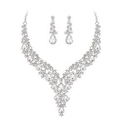 Clearine Hochzeit Schmuck-Set Tropfen Strass Cluster Statement Halskette und Ohrhänger-Set Kostümschmuck für Damen Klar Silber-Ton von Clearine