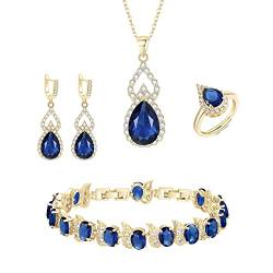 Clearine Schmuck Set für Damen Silber Träne Cubic Zirkonia Halskette mit Ohrringe Armband und Offene verstellbare Ring Set für Saphir-Lila Gold-Ton von Clearine