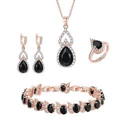 Clearine Schmuck Set für Damen Silber Träne Cubic Zirkonia Halskette mit Ohrringe Armband und Offene verstellbare Ring Set für Schwarz Rose Gold-Ton von Clearine