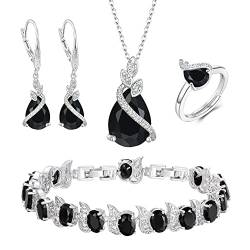 Clearine Teardrop Zirkonia Schmuck-Set für Outfit Halskette, Leverback Ohrringe Tennis Armband und einstellbare Ring Set Geschenk für Geburtstag/Valentinstag/Weihnachten Schwarz Silber-Ton von Clearine