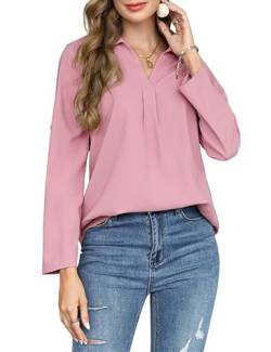 Bluse Damen V-Ausschnitt Hemd Langarm Hemdbluse Elegant Büroblusen Lose Lässige Oberteile Langarmshirt Arbeit Shirt Rosa XXL von Clearlove