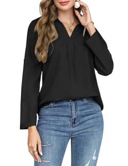 Bluse Damen V-Ausschnitt Hemd Langarm Hemdbluse Elegant Büroblusen Lose Lässige Oberteile Langarmshirt Arbeit Shirt Schwarz M von Clearlove