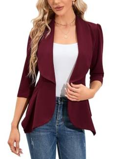 Clearlove Blazer Damen Elegant Business Blazer 3/4 Arm lang Slim Fit Frühling Jacke(Weinrot,M) von Clearlove