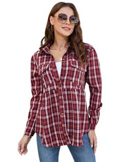 Clearlove Bluse Damen Kariert Langarmshirt Oktoberfest Karo Hemd Tunika Longshirt Oberteile Tops, Dunkel Rot, L von Clearlove