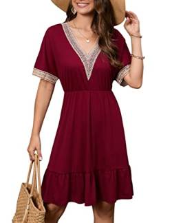 Clearlove Clearlove Damen Kurzes Elegantes Sommerkleid Spitze V-Ausschnitt Knielang Minikleid Strandkleider Freizeitkleid Tunika T Shirt Kleider, Rot, XL von Clearlove