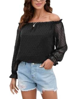 Clearlove Damen Bluse Chiffon Langarm Hemd Schulterfrei Elegant Summer Casual Einfarbig Swiss Dot Oberteile Schwarz XXL von Clearlove