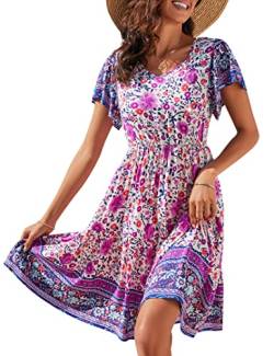 Clearlove Damen Boho Sommerkleid Knielang Blumen Retro Strandkleid Kurzarm V-Ausschnitt Blumendruck Kleid Elegant Midikleid Sommer Rosa L von Clearlove