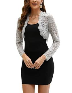 Clearlove Damen Bolero Festlich Spitzen Strickjacke Langarm Cardigan Kurz Bolero Jäckchen Shrug Top zum Kleid Für Hochzeit Cocktailkleid Grau XL von Clearlove