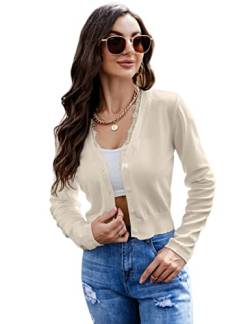 Clearlove Damen Bolero Kurze Strickjacke Langarm Cardigan Elegante Jacke V Ausschnitt mit Knopf Beige-Spitze,XXL von Clearlove