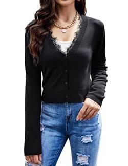 Clearlove Damen Bolero Kurze Strickjacke Langarm Cardigan Elegante Jacke V Ausschnitt mit Knopf Schwarz-Spitze,XXL von Clearlove