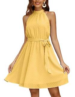 Clearlove Damen Elegant Sommerkleider Sexy Ärmellos Chiffon A-Linie Kleid Kurz Hohe Taille Neckholder Minikleid Sommer Partykleid Strandkleider mit Gürtel Gelb XXL von Clearlove