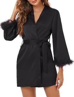 Clearlove Damen Kimono Robe Morgenmantel Satin Bademantel V-Ausschnitt Feder an den Manschetten Kimono(Schwarz,XXL) von Clearlove