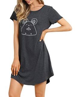 Clearlove Damen Nachthemd Baumwolle Kurzarm Nachtwäsche Schlafhemd T-Shirt Sleepshirt(Dunkelgrau,L) von Clearlove