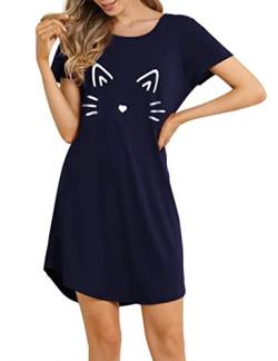 Clearlove Damen Nachthemd Baumwolle Kurzarm Nachtwäsche Schlafhemd T-Shirt Sleepshirt(Navy Blau,M) von Clearlove