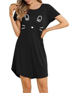 Clearlove Damen Nachthemd Baumwolle Kurzarm Nachtwäsche Schlafhemd T-Shirt Sleepshirt(Schwarz,S) von Clearlove