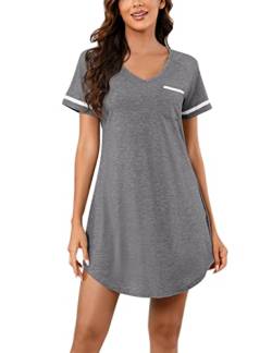 Clearlove Damen Nachthemd Kurzarm V Ausschnitt Schlafshirt Nachtwäsche Schlafhemd Sommer T-Shirt Sleepshirt Frauen Negligees Dunkelgrau S von Clearlove