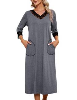 Clearlove Damen Nachthemd Warmes Langarm Nachtwäsche Sexy V-Ausschnitt Nachtkleid Locker Einfarbig Schlafkleid Weiche Negligee Casual Schlafhemd Loungewear Sleepshirt, Grau, XXL von Clearlove