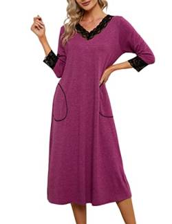 Clearlove Damen Nachthemd Warmes Langarm Nachtwäsche Sexy V-Ausschnitt Nachtkleid Schlafkleid Weiche Negligee Schlafhemd Loungewear Sleepshirt von Clearlove