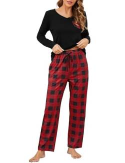 Clearlove Damen Schlafanzug Lang Pyjama Set Winter Nachtwäsche Zweiteiliger Sleepwear Soft Loungewear Hausanzug mit Karierte Hose(Schwarz,XXL) von Clearlove