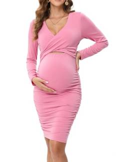 Clearlove Damen Schwangerschaftskleid V-Ausschnitt Umstandskleid Festlich Lang Ärmeln Stillkleid Elegant Umstandsmode Kleid für Frauen Rosa XXL von Clearlove