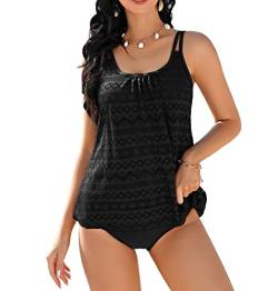 Clearlove Damen Sportlich Tankini Mesh Badeanzug Zweiteilig Badeanzüge Elegantes Swimsuit Beachwear mit Bikinislip Plus Size,Schwarz-spitzeS von Clearlove