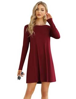 Clearlove Damen T-Shirt Kleid Casual Tunika Swing Kleid A-Linie Langarm Rundhals Freizeitkleid (Verpackung MEHRWEG), C-Weinrot, XL von Clearlove