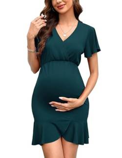 Clearlove Damen Umstandskleid Elegant Kurzarm V-Ausschnitt Stillkleid Schwangerschafts Kleider Dunkelgrün XXL von Clearlove