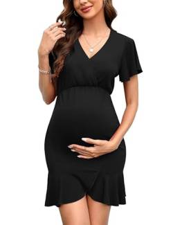 Clearlove Damen Umstandskleid Elegant Kurzarm V-Ausschnitt Stillkleid Schwangerschafts Kleider Schwarz S von Clearlove