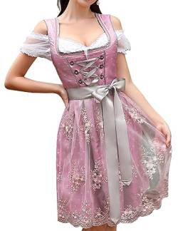 Clearlove Dirndl Damen Midi Elegant Kurz Trachtenkleid 3 Teilig Set inkl. Dirndl Kleid Dirndlschürze Dirndlbluse für Oktoberfest(Rosa,34) von Clearlove