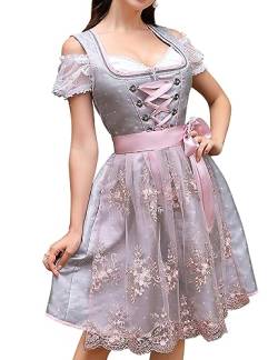 Clearlove Dirndl Damen Midi Set 3 Teilig Elegant Kurz Trachtenkleid inkl. Dirndl Kleid Dirndlschürze Dirndlbluse für Oktoberfest(Grau,38) von Clearlove